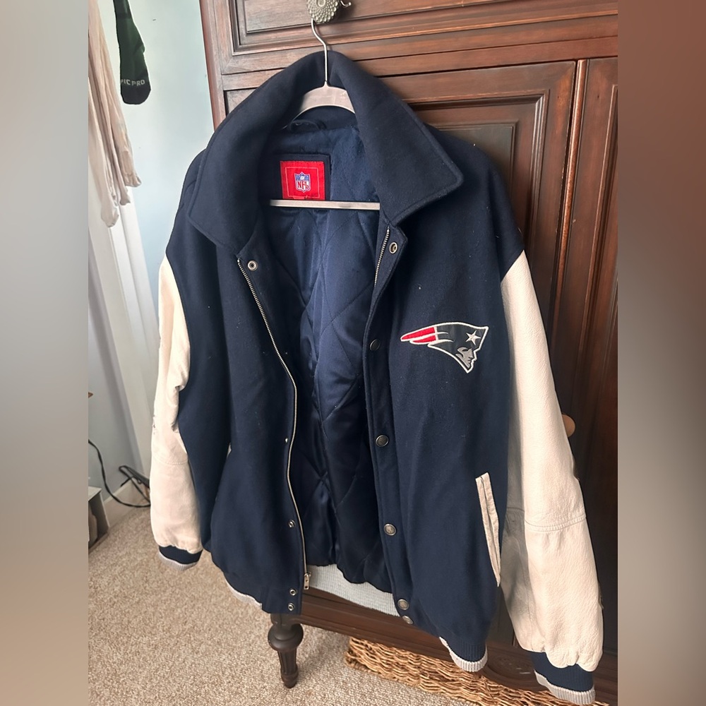 NFL Navy and White New England Patriots Varsity Bomber Jacket